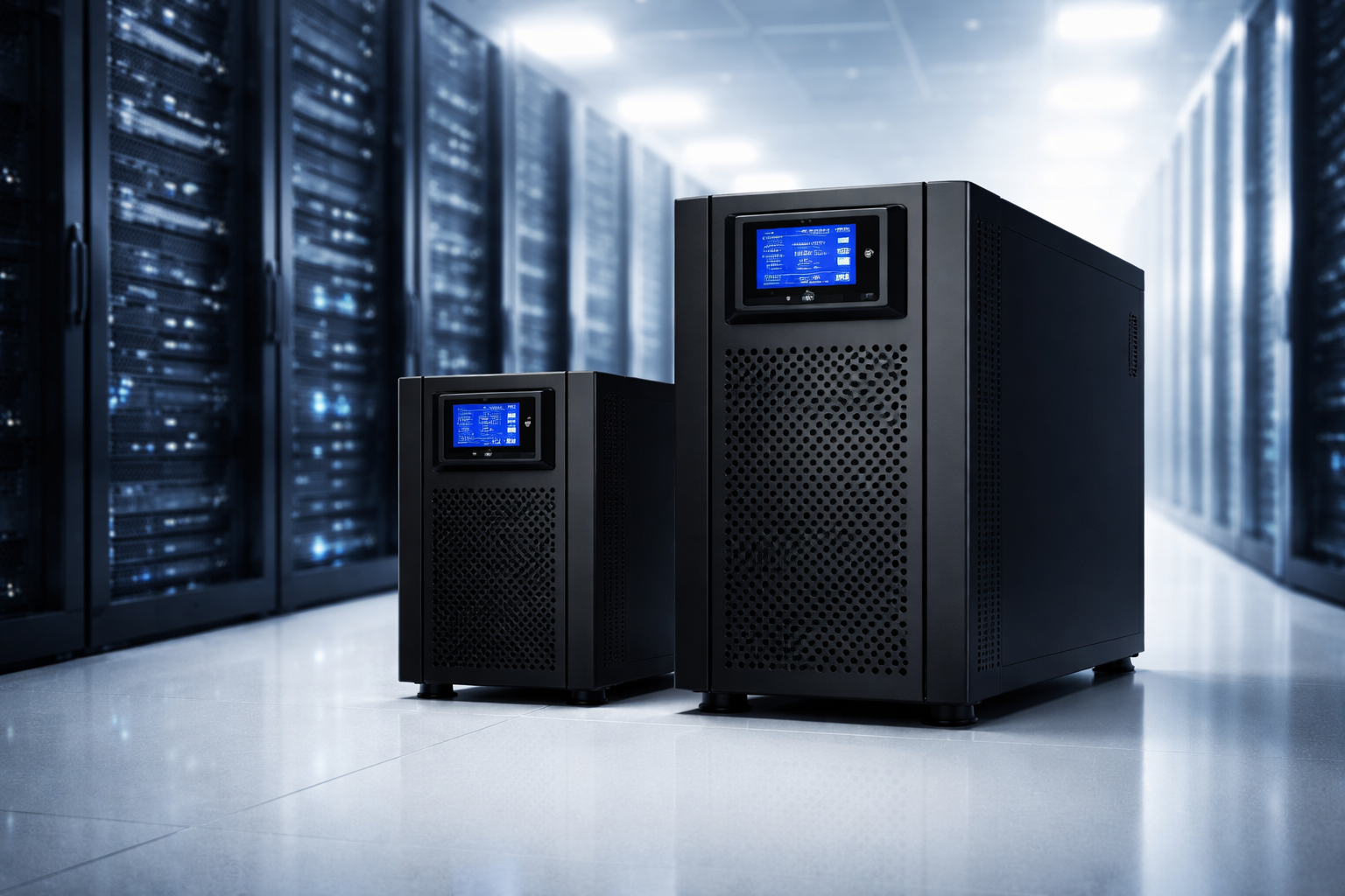 dos SAIs expuestos en una sala de servidores